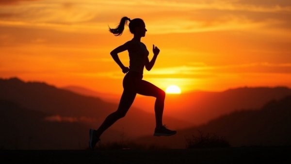 Woman running at dawn with mountains and sunrise, linked to running injuries and sleep.