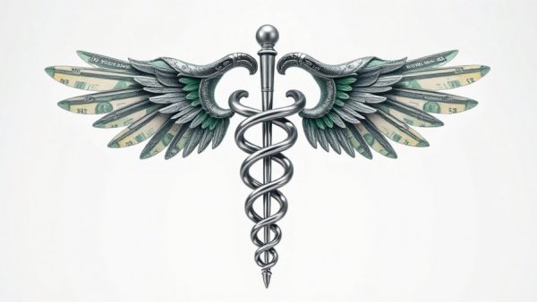 Caduceus symbol entwined with dollar bills, Dallas healthcare industry concept.