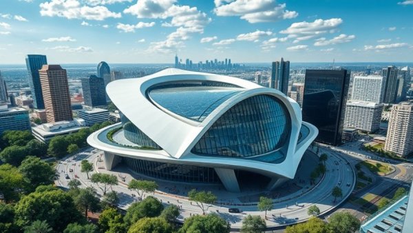 Future concept of Dallas City Hall with urban landscape.