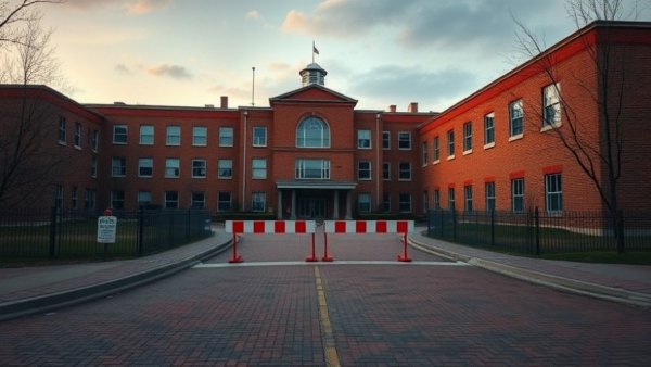 Closed Texas hospital with road barriers, twilight.