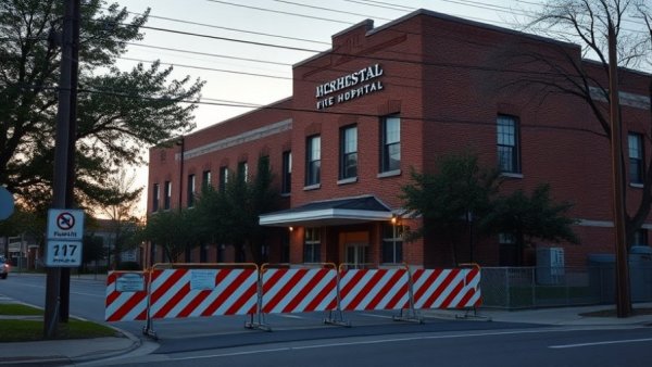 Olney Texas hospital entrance with construction barriers during evening.