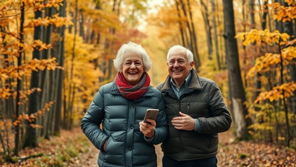Elderly couple enjoying the outdoors, promoting mental health and happiness.