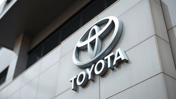 Toyota logo on building, related to vehicle recall.