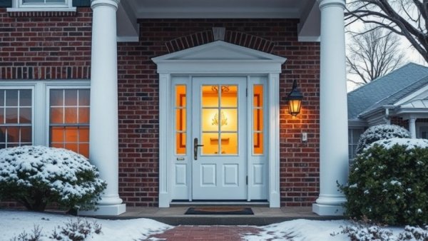 Traditional brick house entrance highlighting online safety.