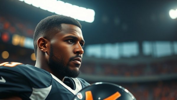 Football player holding helmet, pondering mid-season NFL trades.