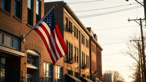 Street view in Chicago with American flag during sunset.