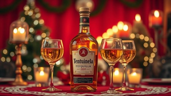 Tequila Centinela bottle and glasses, festive holiday setup.