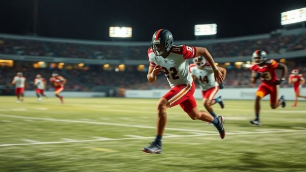 Dynamic football action under stadium lights.