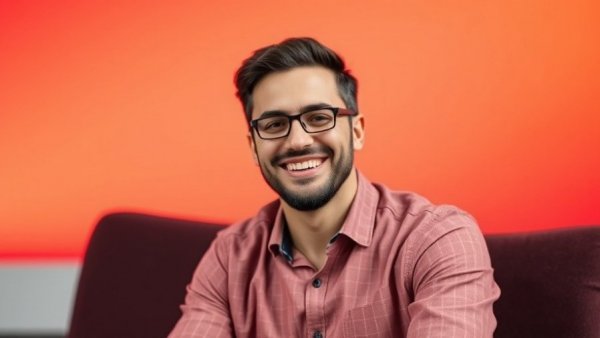 Smiling man in studio interview with vibrant background and warm lighting.