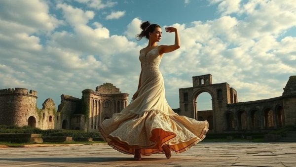 Flamenco dancer performing amid San Antonio historic ruins.