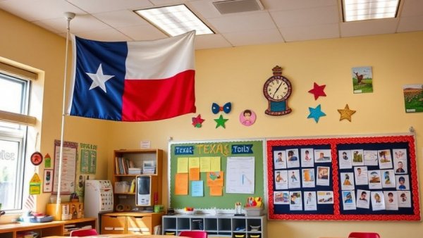 Texas State Board of Education curriculum materials adorn classroom walls.