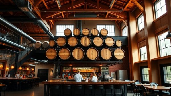 Interior of Rickhouse Shiner Beer restaurant with barrels.