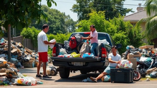 Illegal dumping in Houston captured by camera with individuals unloading trash from a pickup truck.