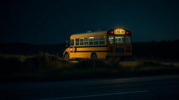 Austin school bus crash scene at night with parked bus.