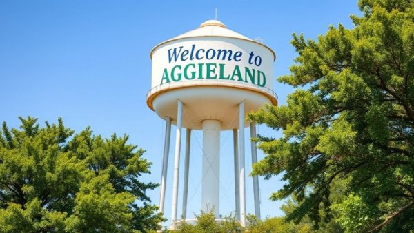 Texas A&M water tower surrounded by greenery under blue sky.