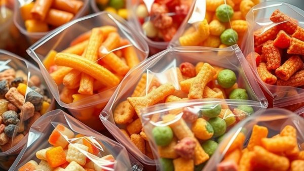 Colorful ultra-processed foods in bags, linked to colon cancer.