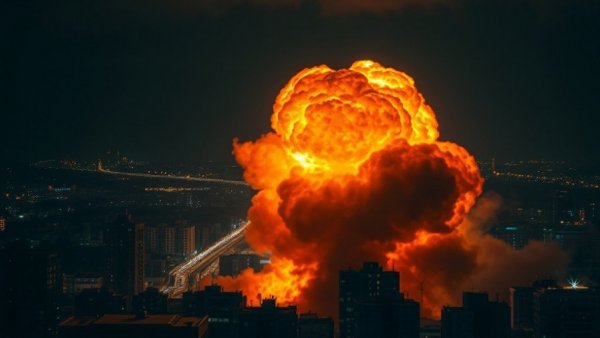 Russia attack on Kyiv explosion at night, fiery scene in city.