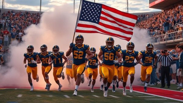 Texas high school football players entering field with excitement.