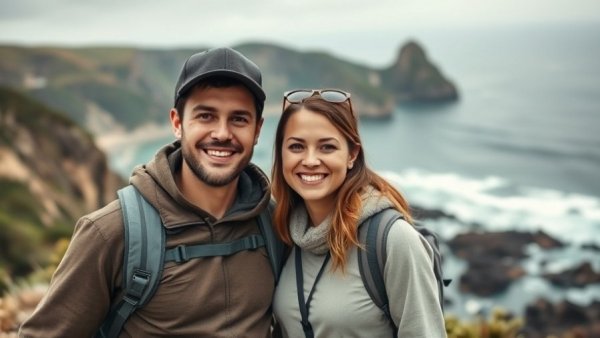 Smiling couple outdoors with scenic backgrounds.