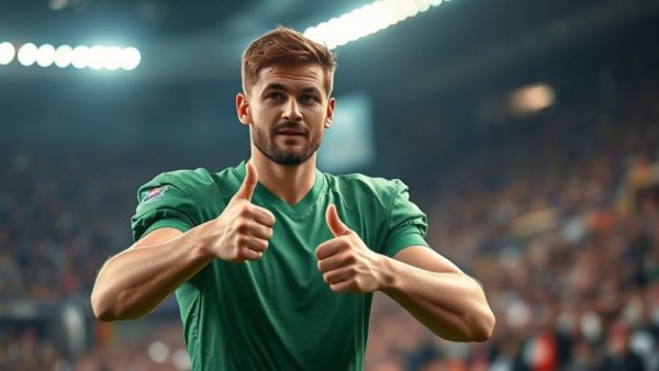NFL player in a green jersey, thumb up, stadium background.