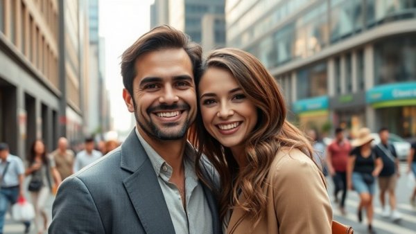 Elegant couple posing on city street, symbolic of marital counseling for age gap relationships.