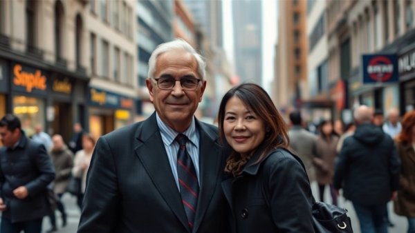 Couple in contrasting age difference on city street, photorealistic capture.