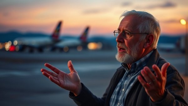Elderly male figure speaking at airport during Georgia election interference case.