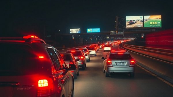 Nighttime San Antonio highway with traffic, highlighting motorcycle safety.