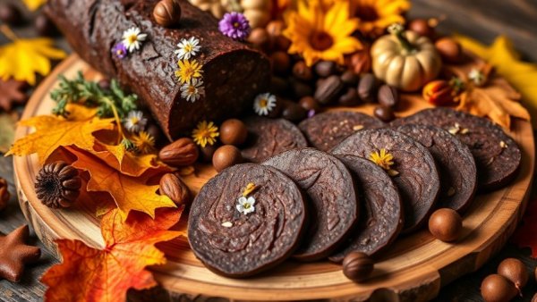 Autumn chocolate charcuterie with juniper berries on wooden board.