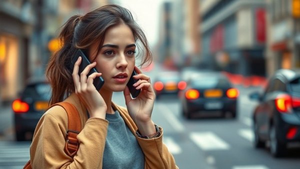 Young woman using phone for venting anger management techniques in city.