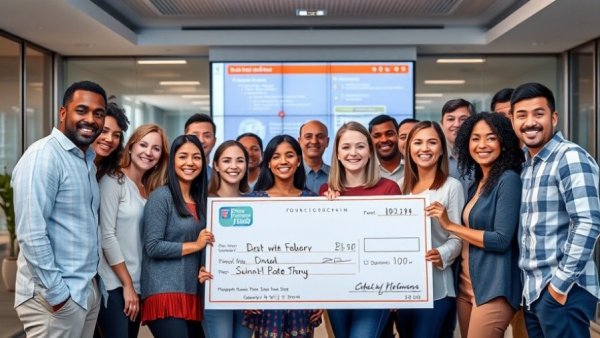 Diverse group celebrating Texas Women's Foundation grants in office.