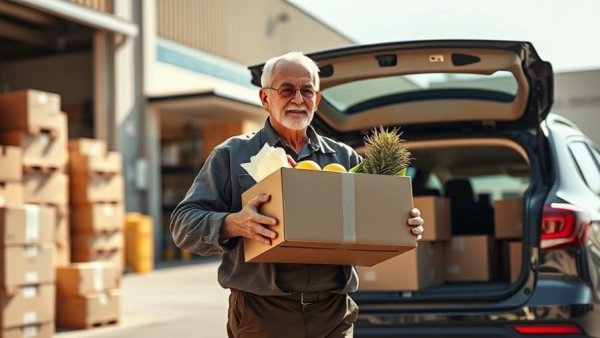 Older man loads groceries into SUV at Texas food distribution center.