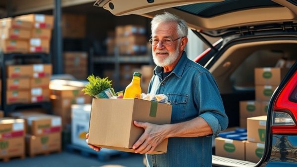 Older man loading groceries into car at food distribution center.