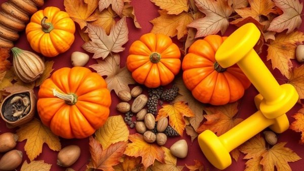 Colorful autumn objects surrounding exercise equipment, holiday exercise tips.