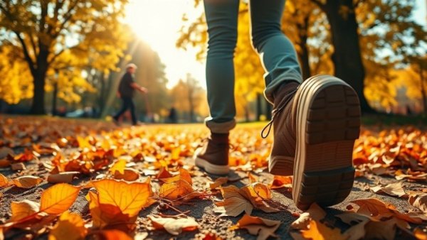Walking for heart health: person strolling through autumn leaves, sunshine.