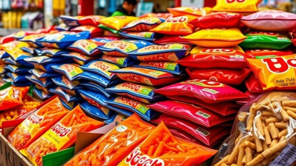 Assorted packed snacks of various colors and shapes, highlighting ultra-processed foods.