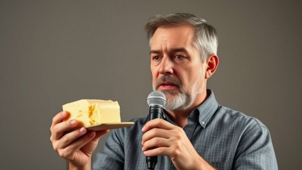 Middle-aged man presenting butter, suggesting mental wellness for seniors.