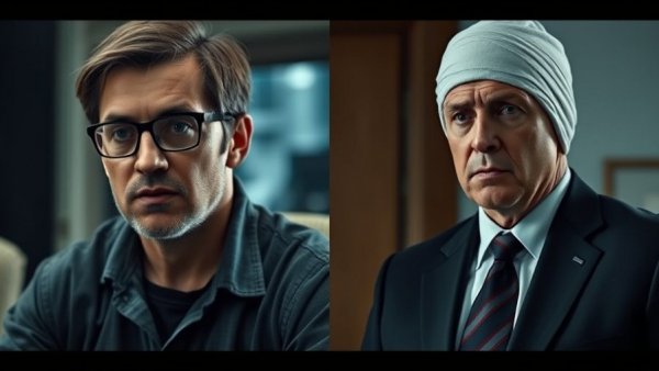 Juxtaposed scenes capturing a man's dramatic transformation in 'One Battle After Another'.