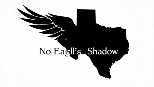 Abstract Texas silhouette with eagle wings and text, minimalistic design.