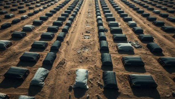 Somber scene of covered graves in Gaza related to ceasefire deals.