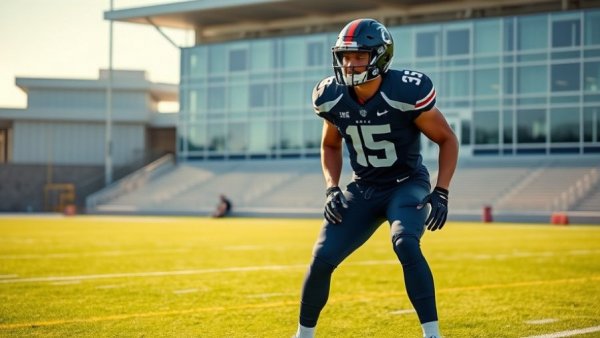 Texas high school football player practicing on sports field.