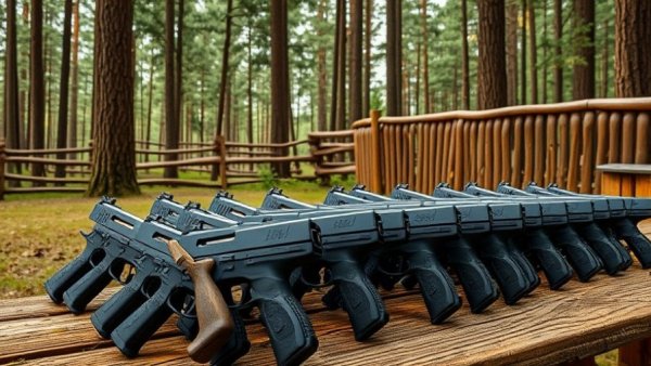 Neatly arranged handguns outdoors, emphasizing firearm safety.