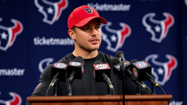 Davis Mills at Houston Texans media availability, speaking confidently.