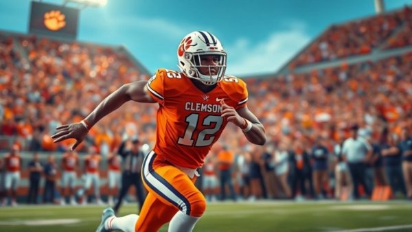 Clemson Tigers football player in action during highlights, vibrant scene.