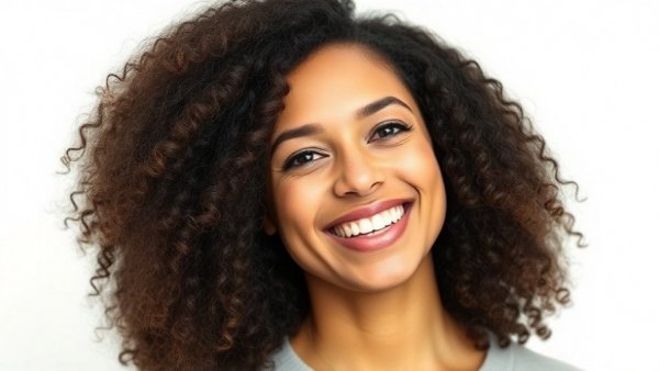 Smiling woman calmly discussing mental health techniques against a white background.