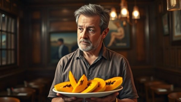 Middle-aged man sharing healthy eating tips with papaya, promoting mental wellness for seniors.