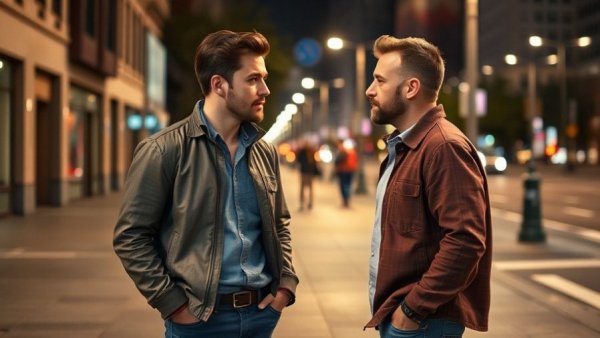 Two men in casual clothing on a city sidewalk at night for San Antonio crime reports.