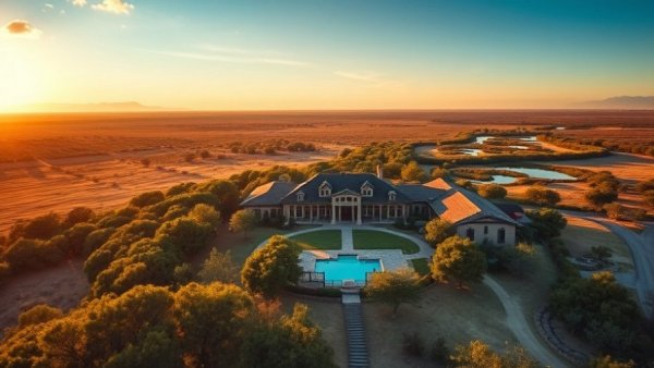 Expansive Texas ranch for sale with house and pool surrounded by green trees.