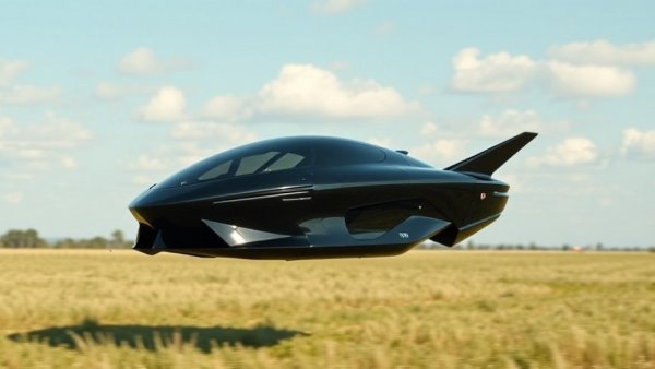 Sleek futuristic flying car hovering over a grassy field under a clear sky.