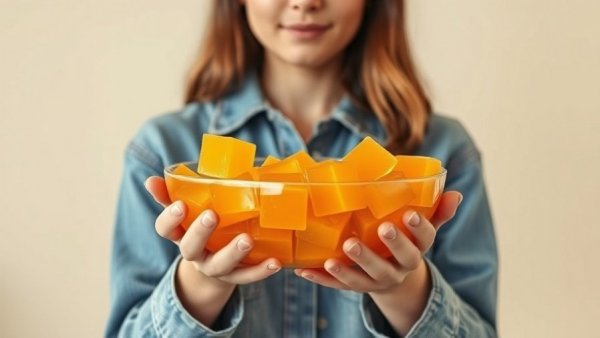 Young woman holding a bowl of orange gelatin cubes, Jell-O salad and savory gelatin dishes revival.